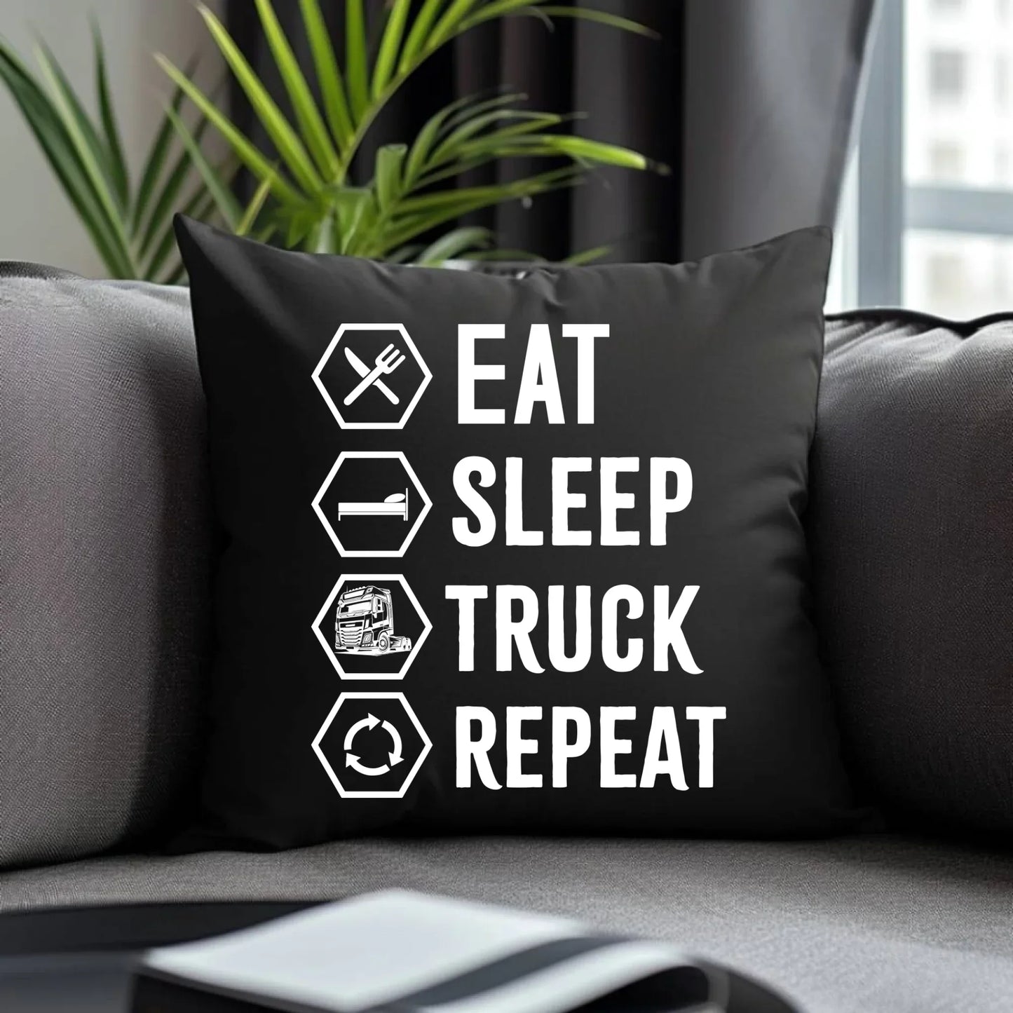 Eat Sleep Truck Repeat | Poduszka dekoracyjna dla kierowcy tira ZKT05 - StoryCups.pl