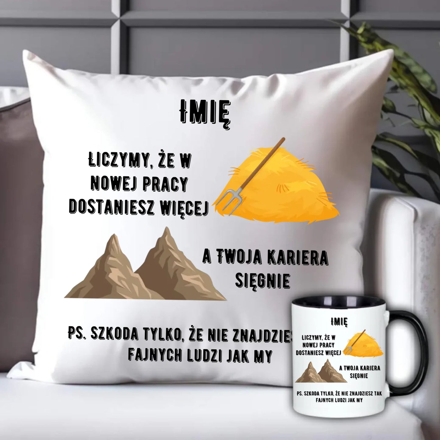 Zestaw prezentowy: kubek i poduszka na odejście z pracy – idealny upominek dla koleżanki lub kolegi z pracy