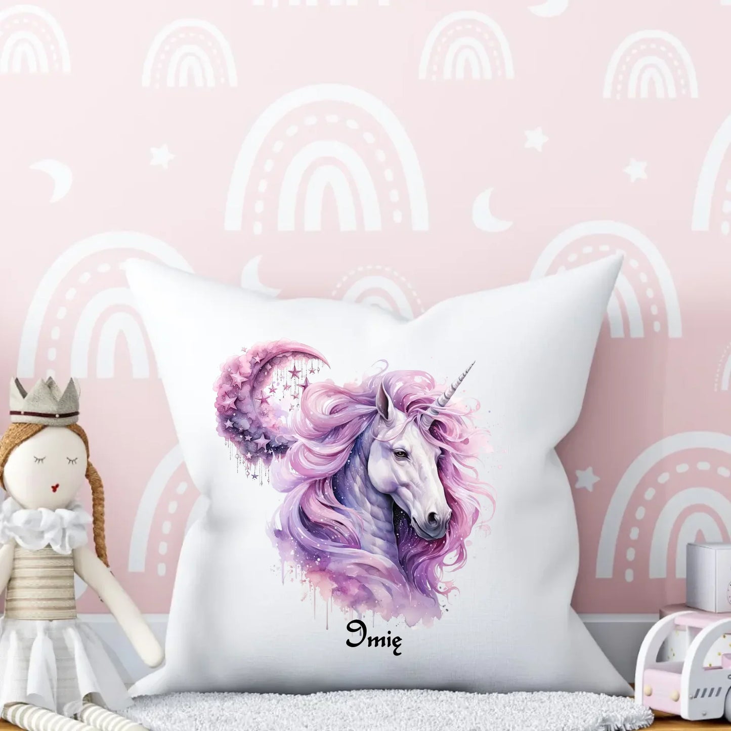 Różowy jednorożec | Personalizowana poduszka DD15 - StoryCups.pl