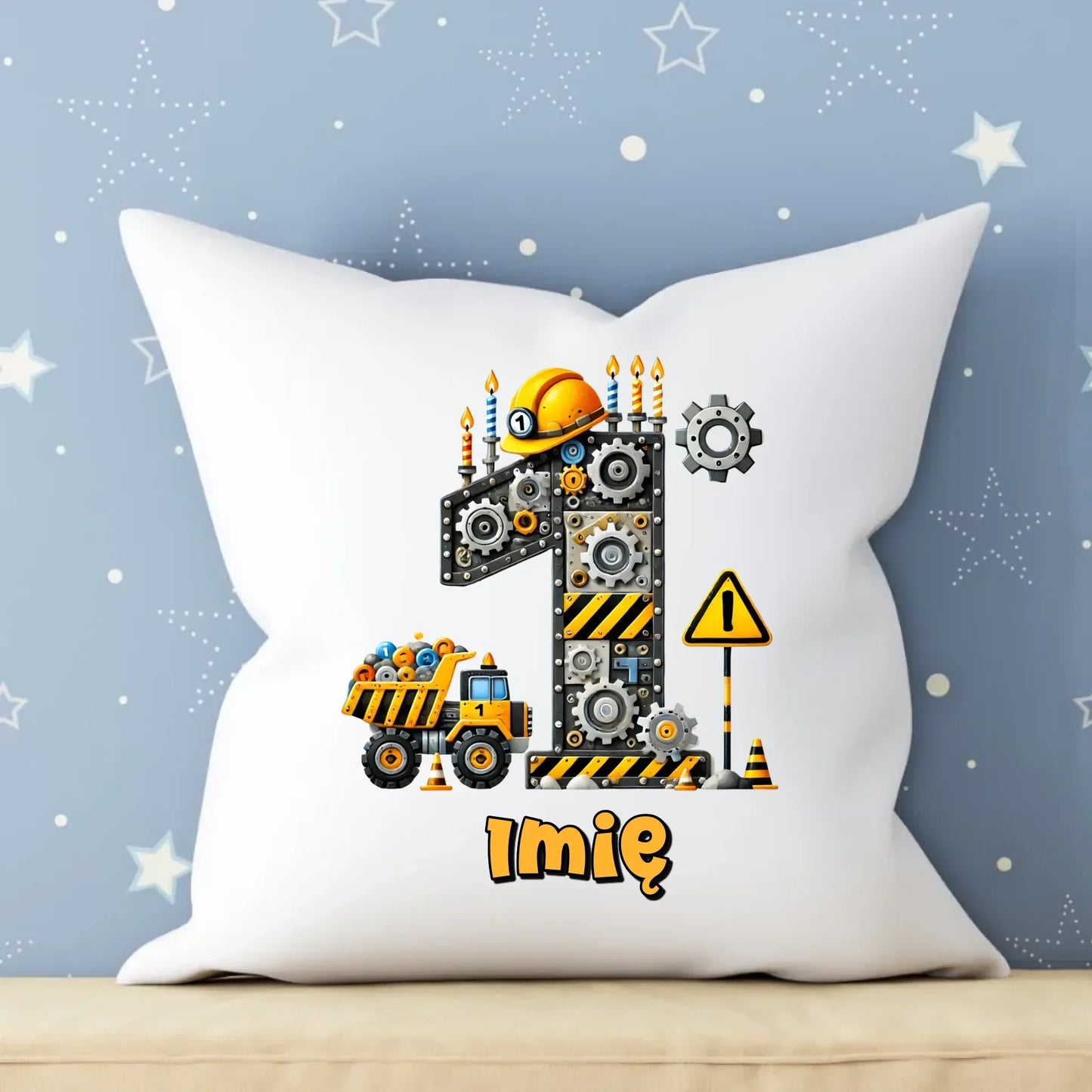 Koparka, konstrukcja | Poduszka na 1. urodziny dla chłopca roczek U35 - StoryCups.pl