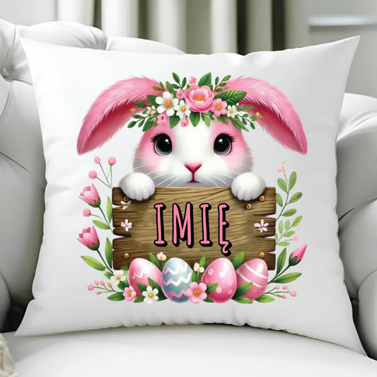 Różowy zając | Personalizowana poduszka na Wielkanoc WN07 - StoryCups.pl