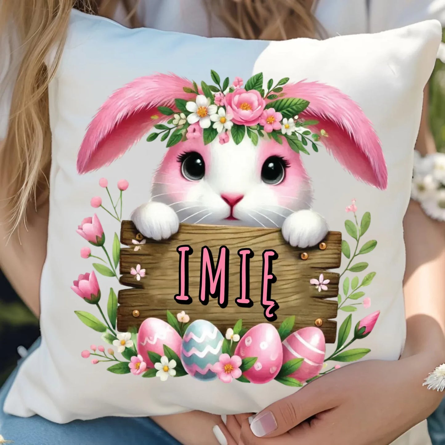 Różowy zając | Personalizowana poduszka na Wielkanoc WN07 - StoryCups.pl