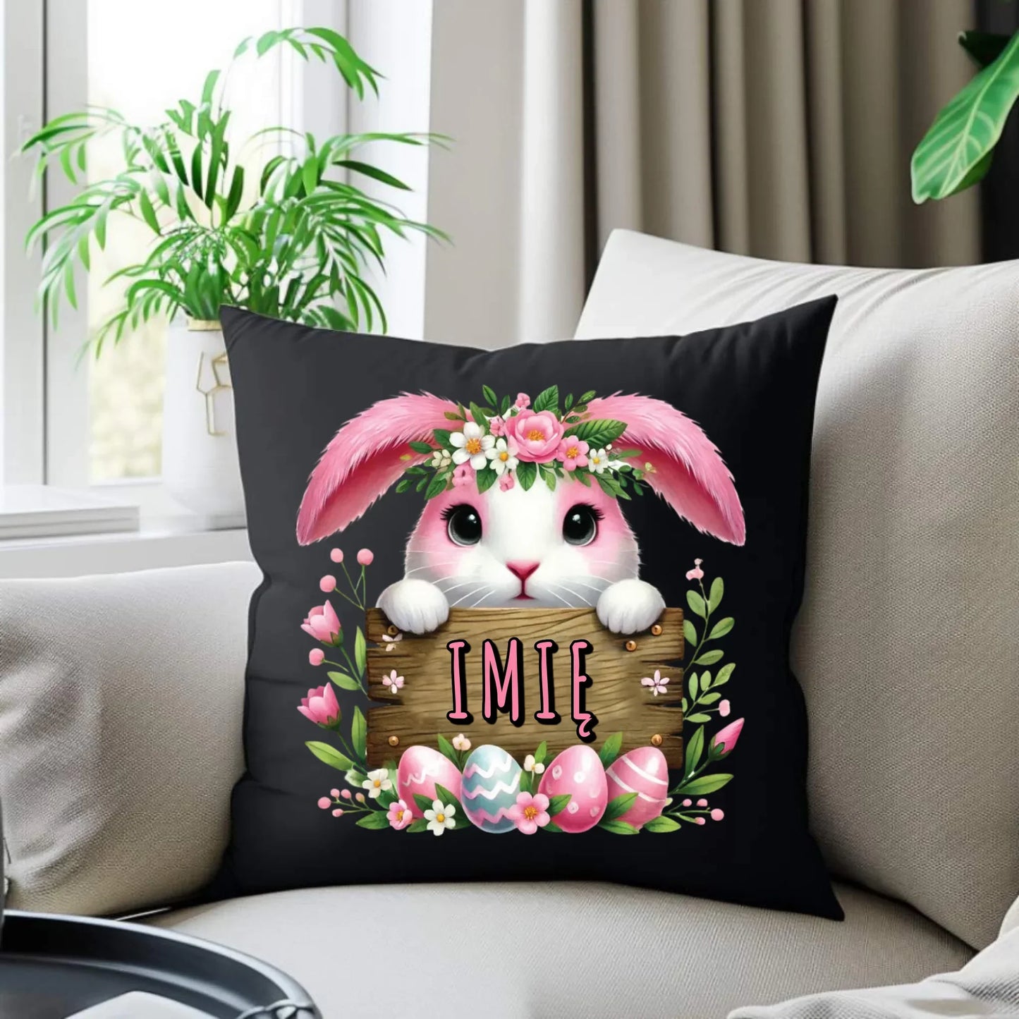 Różowy zając | Poduszka dekoracyjna na Wielkanoc WN07 - StoryCups.pl