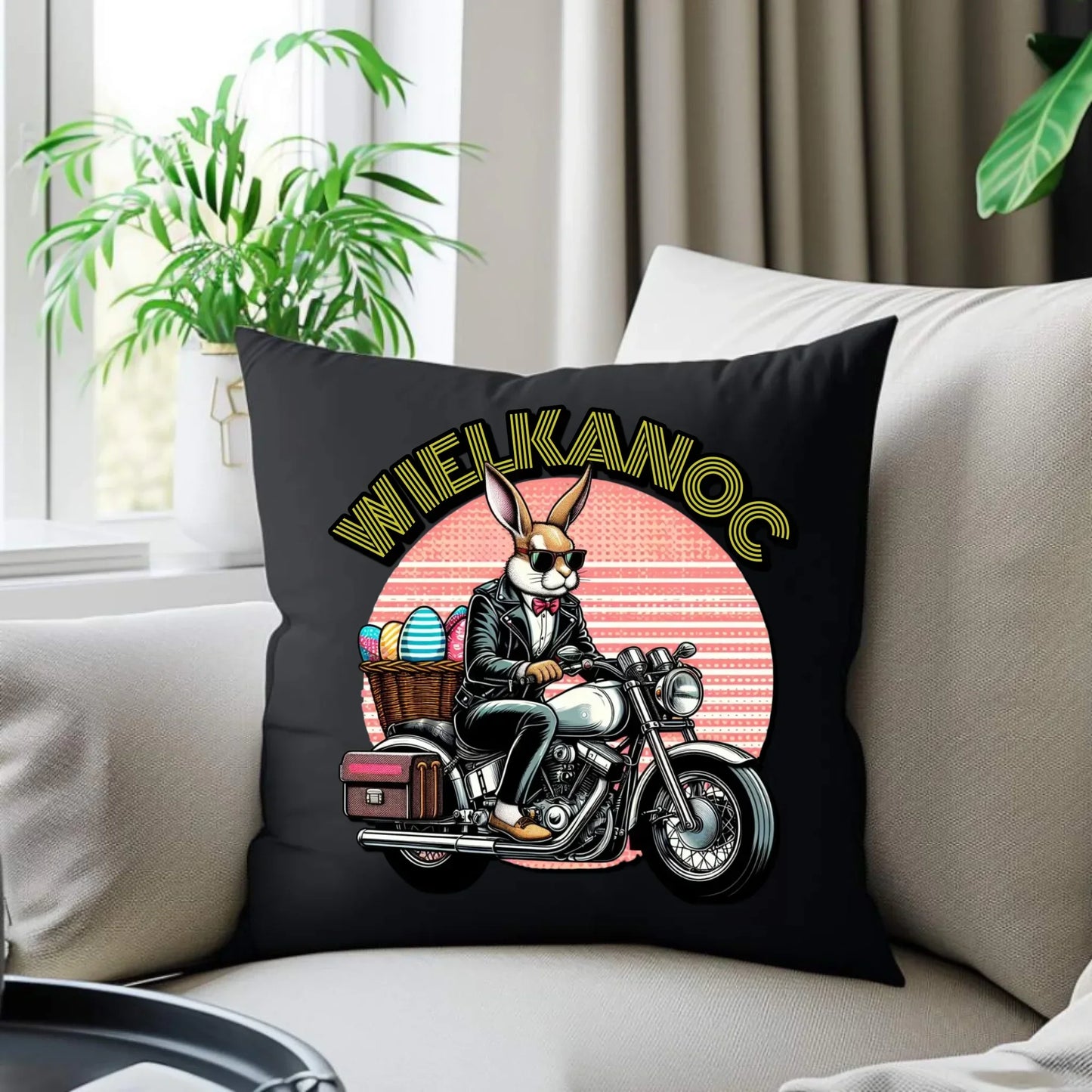 Zając na motorze | Poduszka dekoracyjna na Wielkanoc WN29 - StoryCups.pl