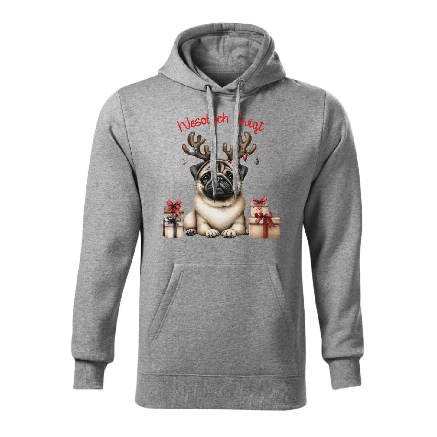Mops Wesołych Świąt | Świąteczna bluza męska z kapturem BN91 - StoryCups.pl