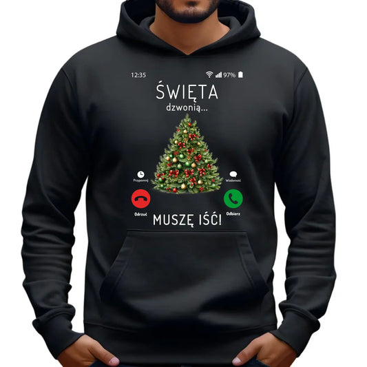 Święta dzwonią muszę iść | Świąteczna bluza męska z kapturem BN124 - StoryCups.pl