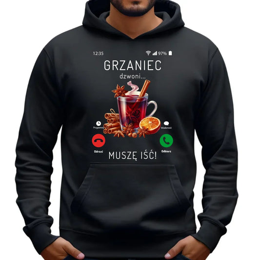 Grzaniec dzwoni muszę iść | Świąteczna bluza męska z kapturem BN127 - StoryCups.pl