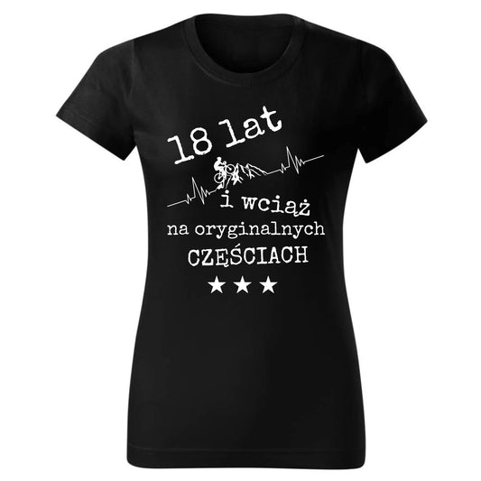 Wciąż na oryginalnych częściach | Koszulka damska na urodziny dla rowerzystki U28 - StoryCups.pl