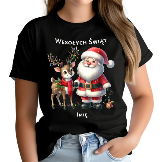 Mikołaj i renifer | Personalizowana świąteczna koszulka damska BN09 - StoryCups.pl