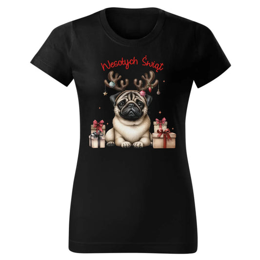 Mops Wesołych Świąt | Świąteczna koszulka damska BN91 - StoryCups.pl