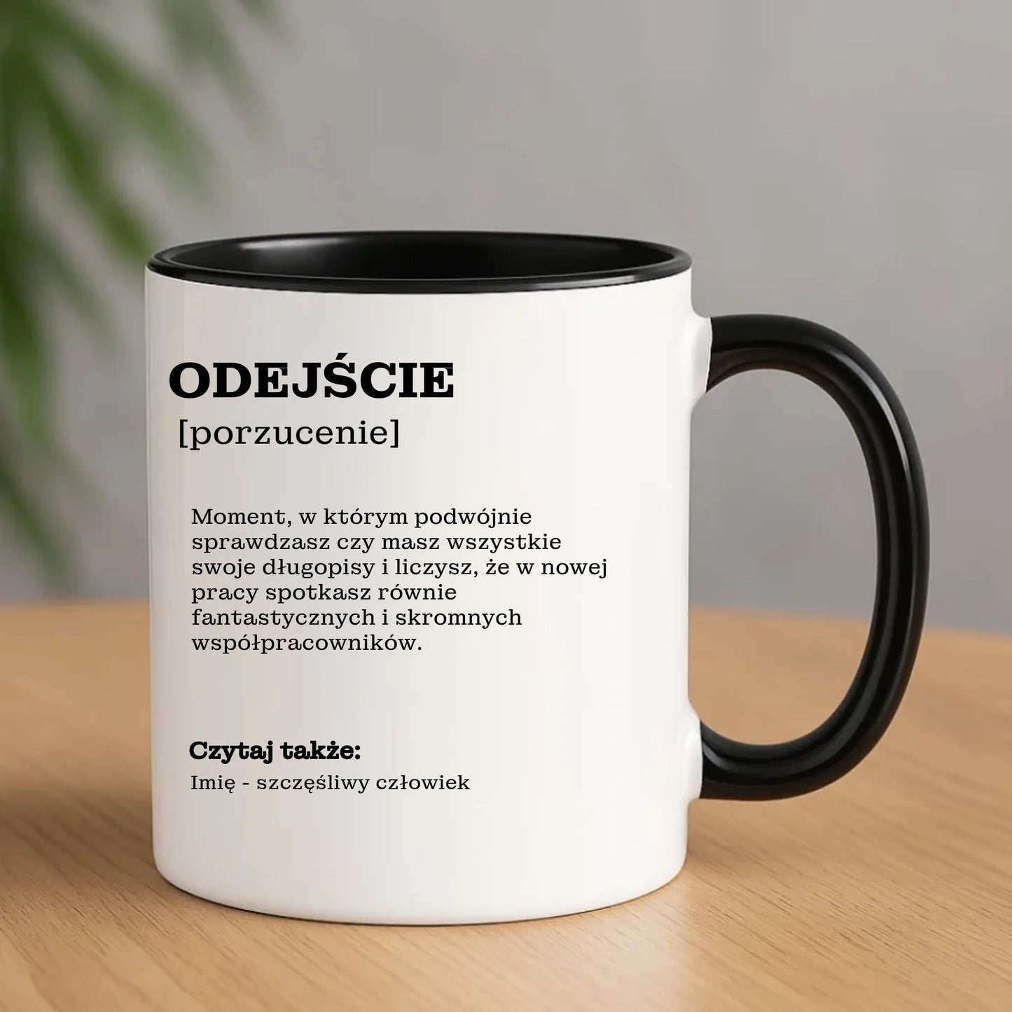 Czarny kubek z nadrukiem prezent na odejście z pracy POŻEGNANIE AWANS