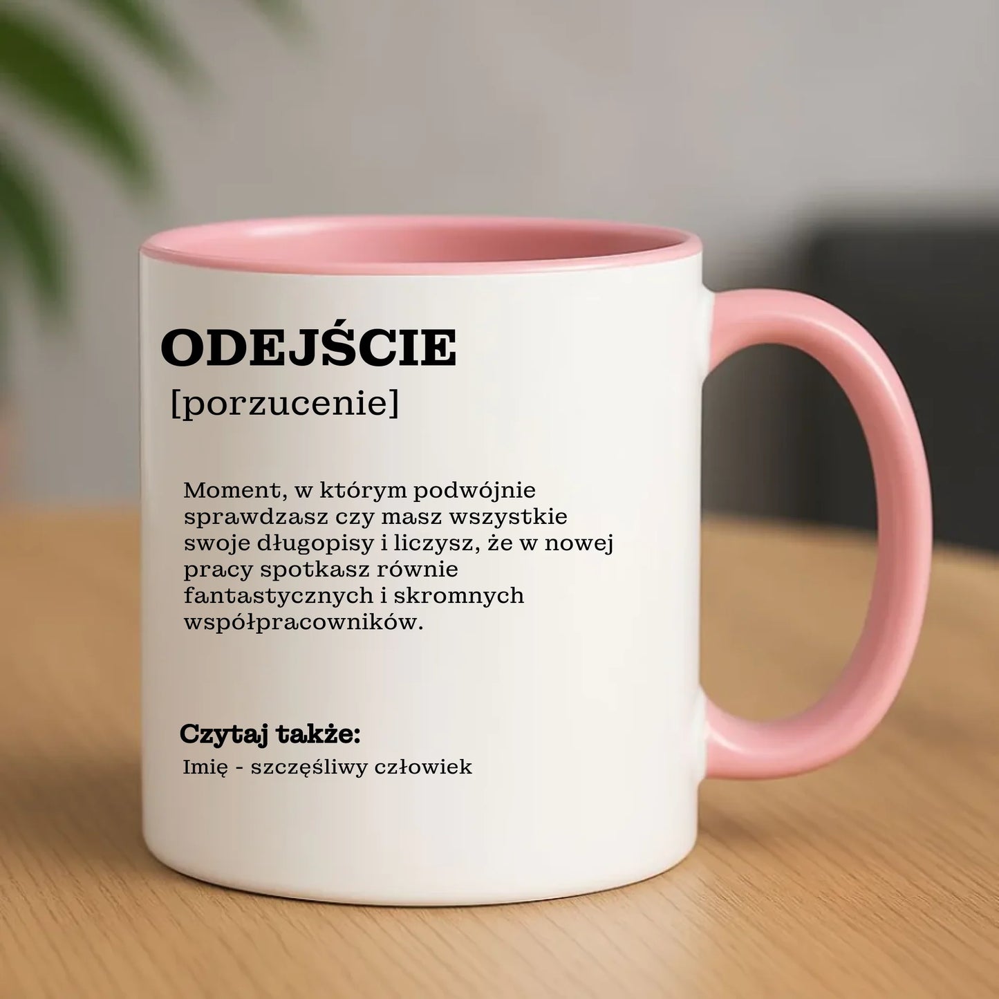 Różowy kubek z nadrukiem prezent na odejście z pracy POŻEGNANIE AWANS