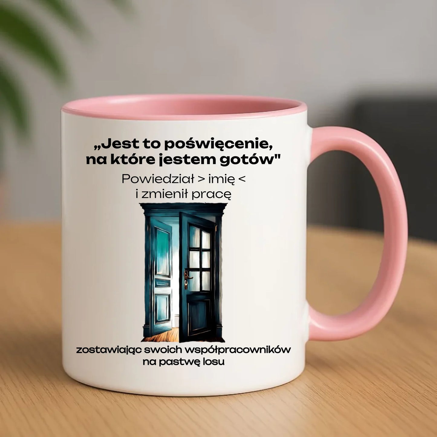 Różowy kubek z nadrukiem prezent na odejście z pracy POŻEGNANIE AWANS