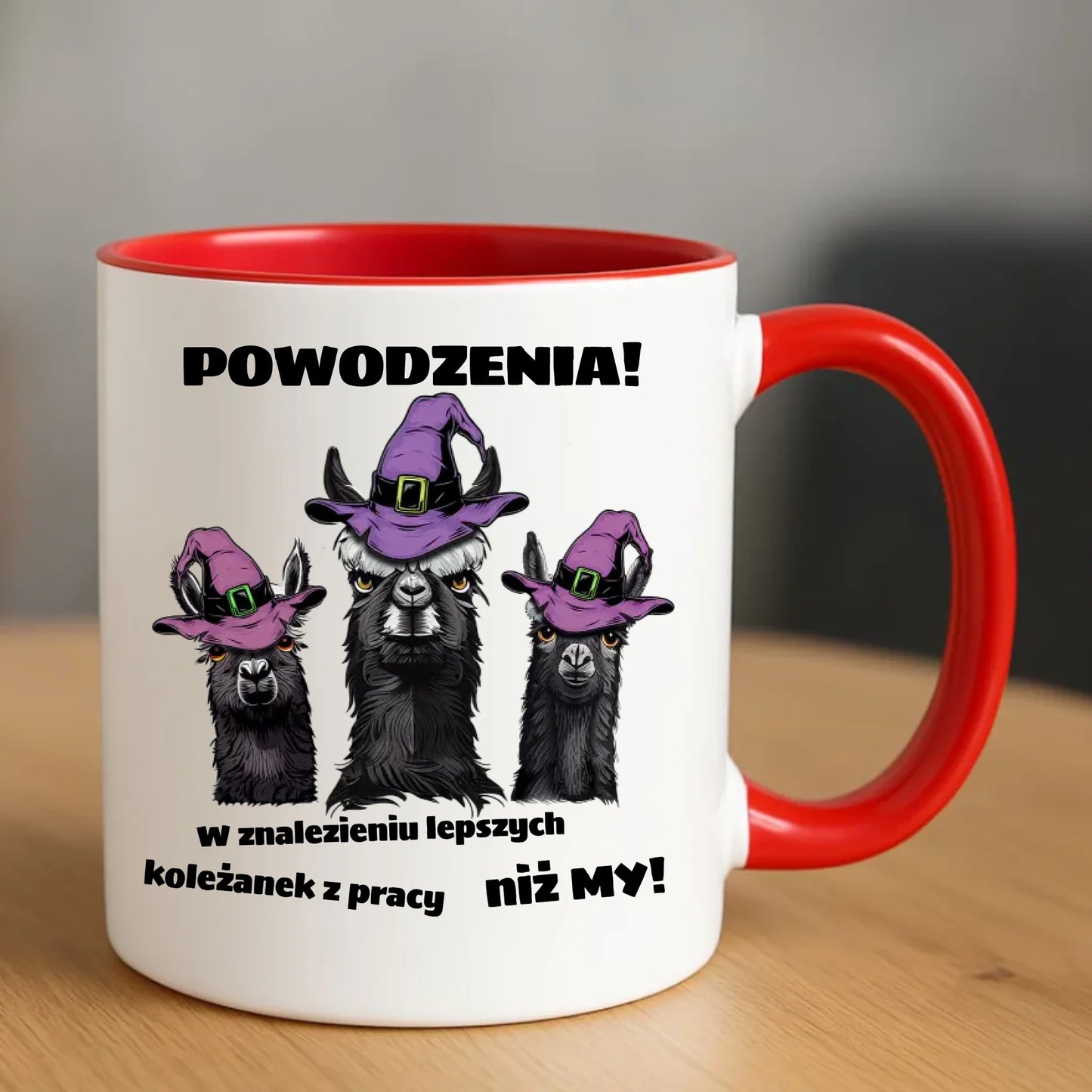 Czerwony kubek z nadrukiem prezent na odejście z pracy POŻEGNANIE AWANS