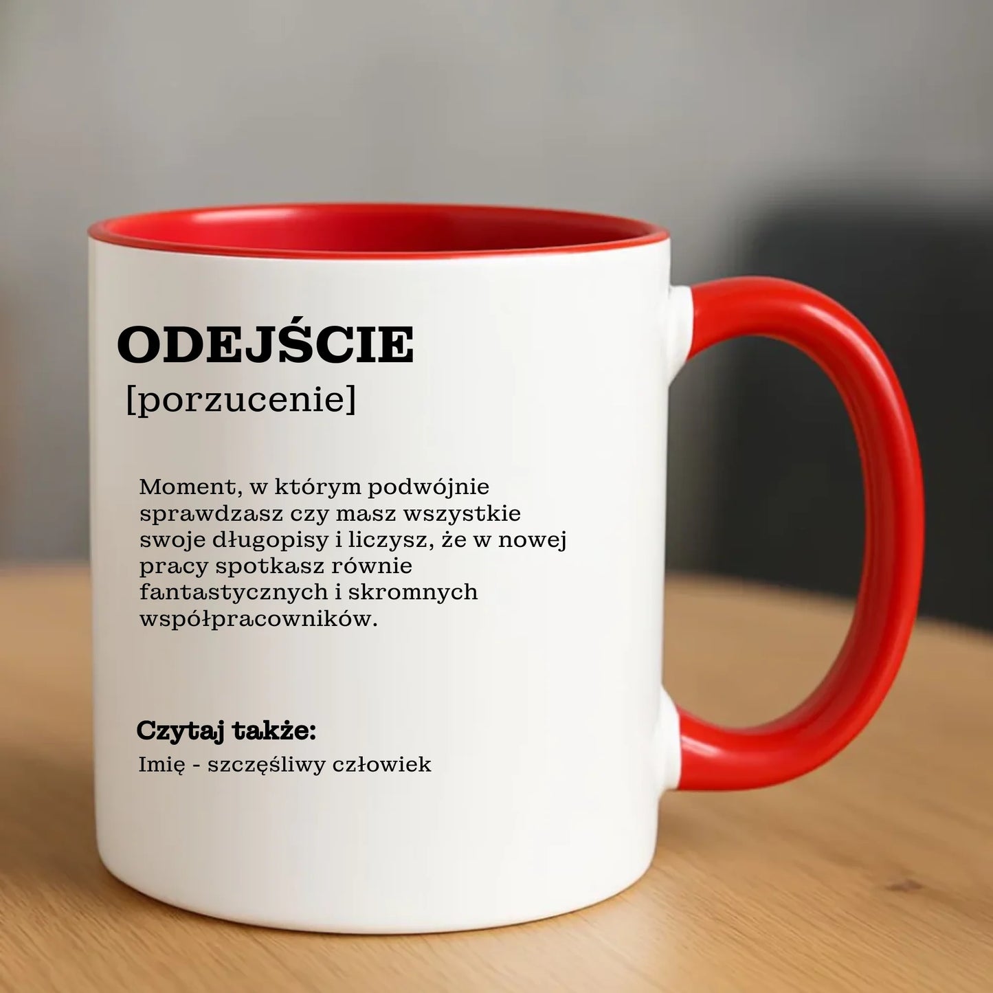 Czerwony kubek z nadrukiem prezent na odejście z pracy POŻEGNANIE AWANS