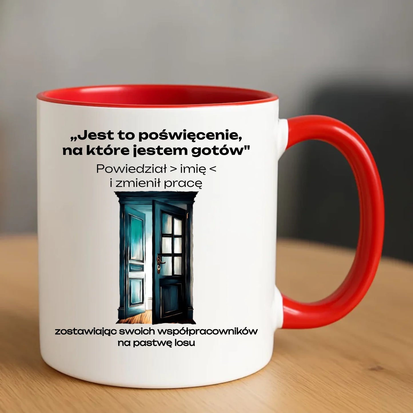 Czerwony kubek z nadrukiem prezent na odejście z pracy POŻEGNANIE AWANS