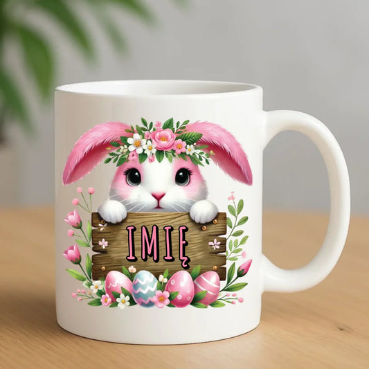 Różowy zając | Personalizowany kubek na Wielkanoc WN07 - StoryCups.pl