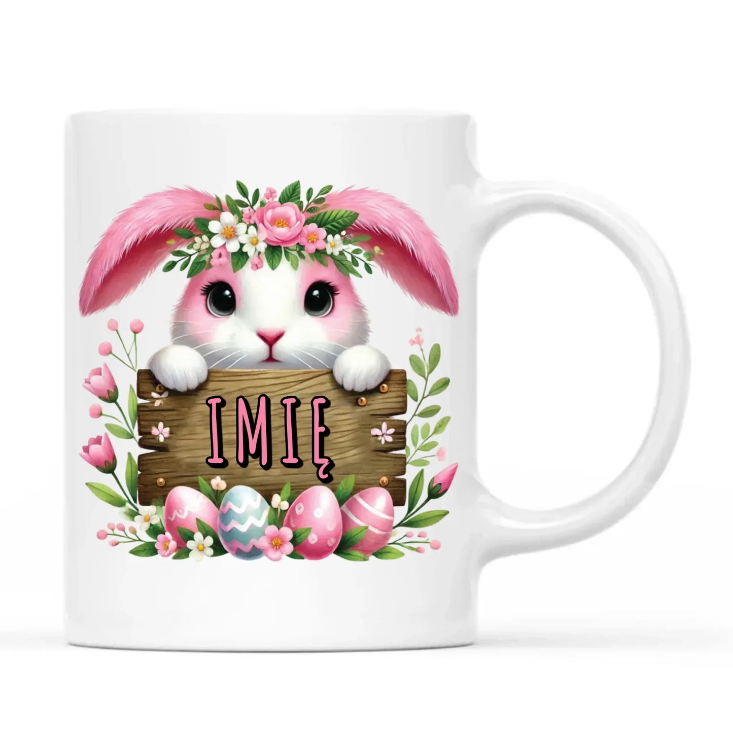 Różowy zając | Personalizowany kubek na Wielkanoc WN07 - StoryCups.pl