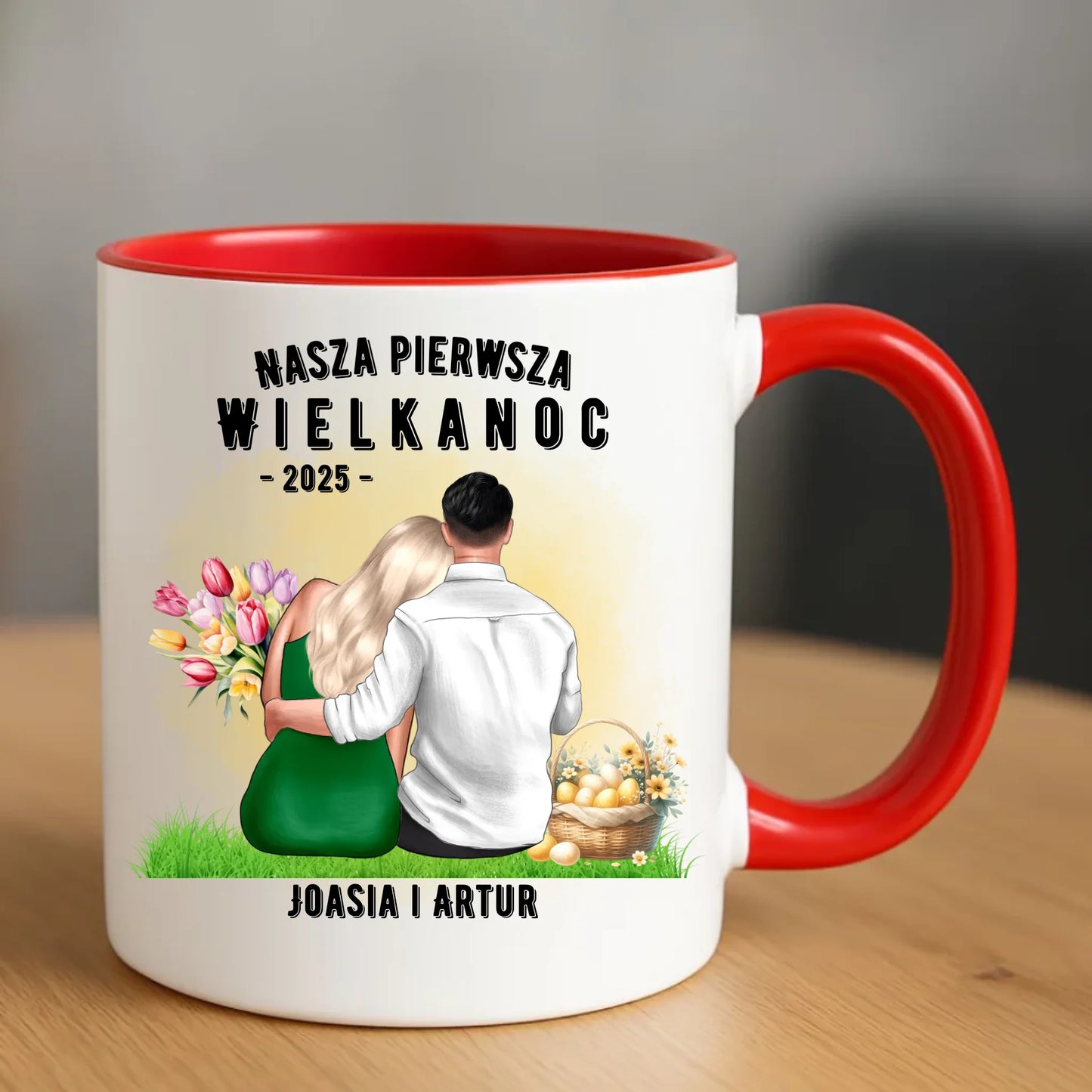 Czerwony kubek wielkanocny prezent na WIELKANOC
