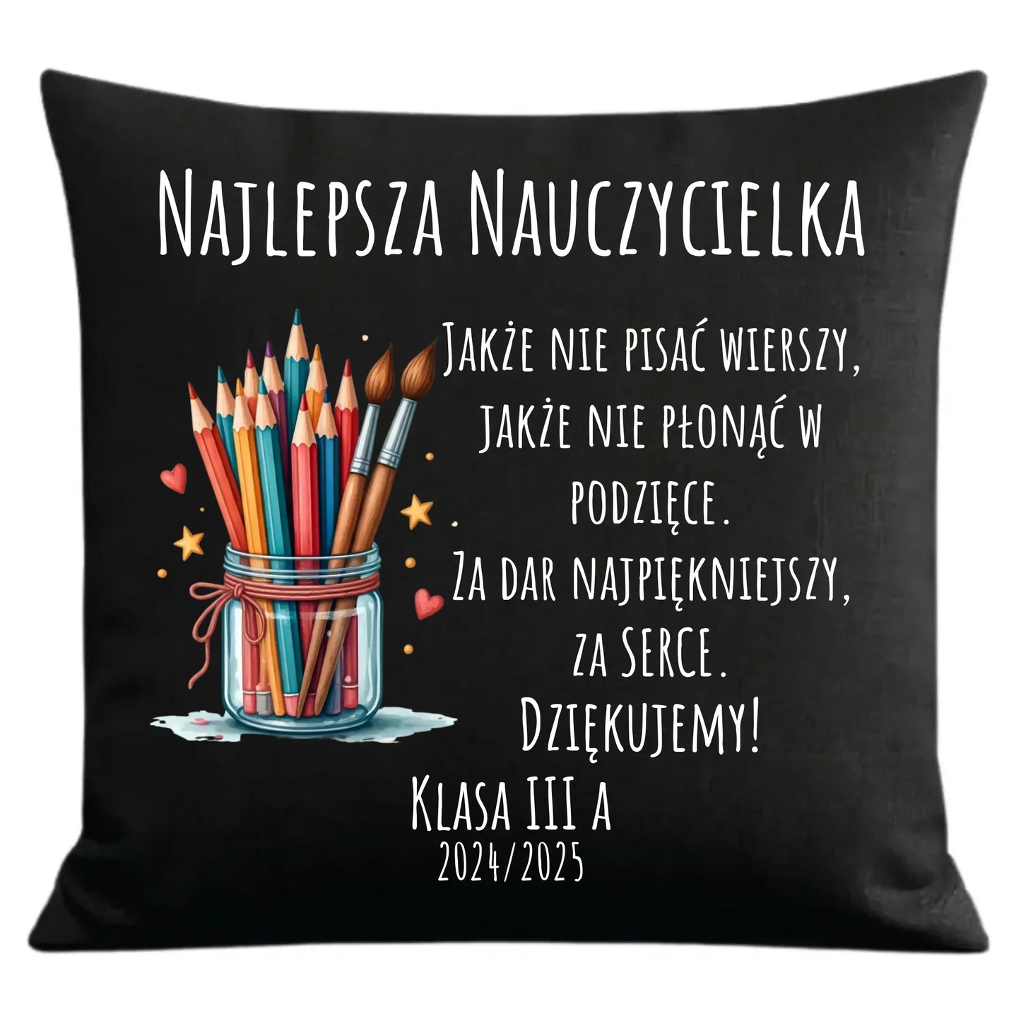 Prezent dla nauczyciela czarna poduszka dekoracyjna NAUCZYCIEL ZAKOŃCZENIE ROKU SZKOLNEGO