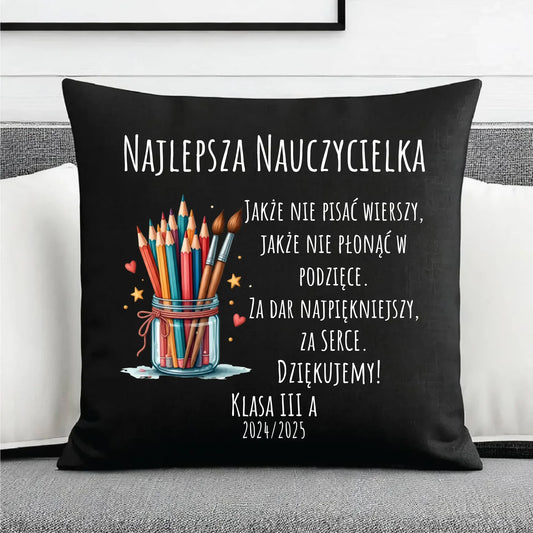 Za dar najpiękniejszy za serce | Poduszka dekoracyjna dla najlepszej nauczycielki na prezent N20 - StoryCups.pl