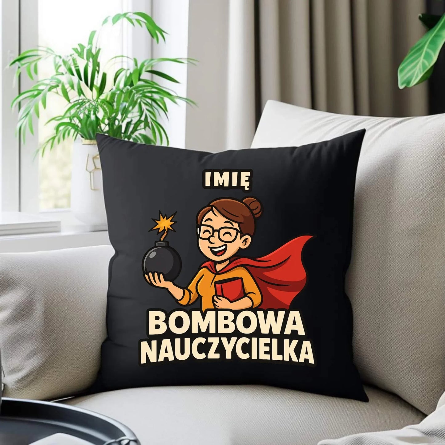 Bombowa nauczycielka | Poduszka dekoracyjna z imieniem na prezent N25 - StoryCups.pl