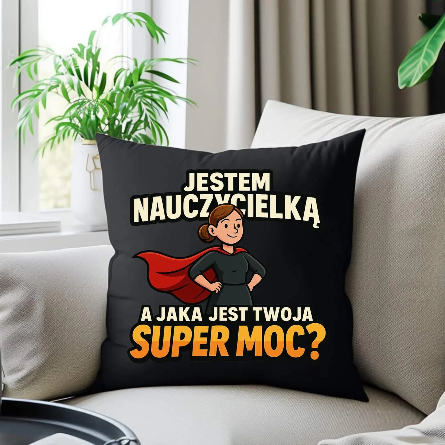 Jestem nauczycielką, a jak jest Twoja super moc? | Poduszka dekoracyjna prezent dla nauczycielki N26 - StoryCups.pl