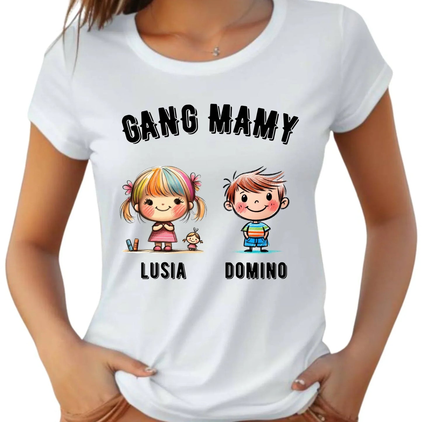 Gang Mamy imiona dzieci | Koszulka damska biała prezent na Dzień Matki DM09 - StoryCups.pl