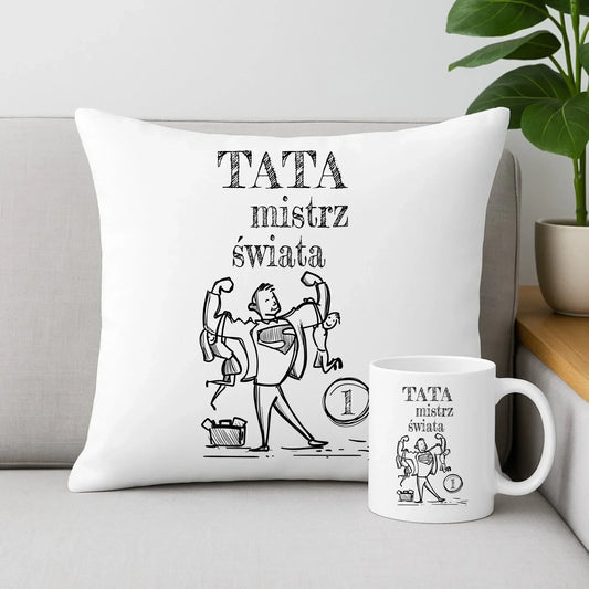 Tata Mistrz Świata | Zestaw poduszka i kubek dla taty DT36 - StoryCups.pl
