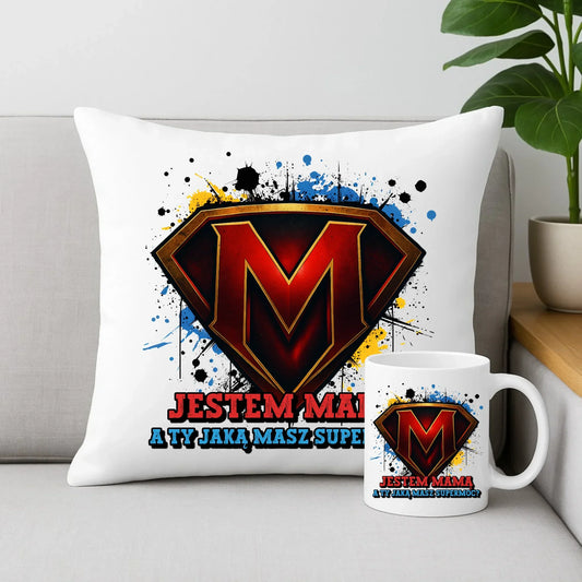 Jestem mamą, a Ty jaką masz super moc? | Zestaw poduszka i kubek dla mamy na prezent DM04 - StoryCups.pl
