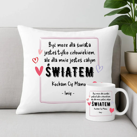 Mamo jesteś całym światem | Zestaw poduszka i kubek prezent dla mamy DM06 - StoryCups.pl