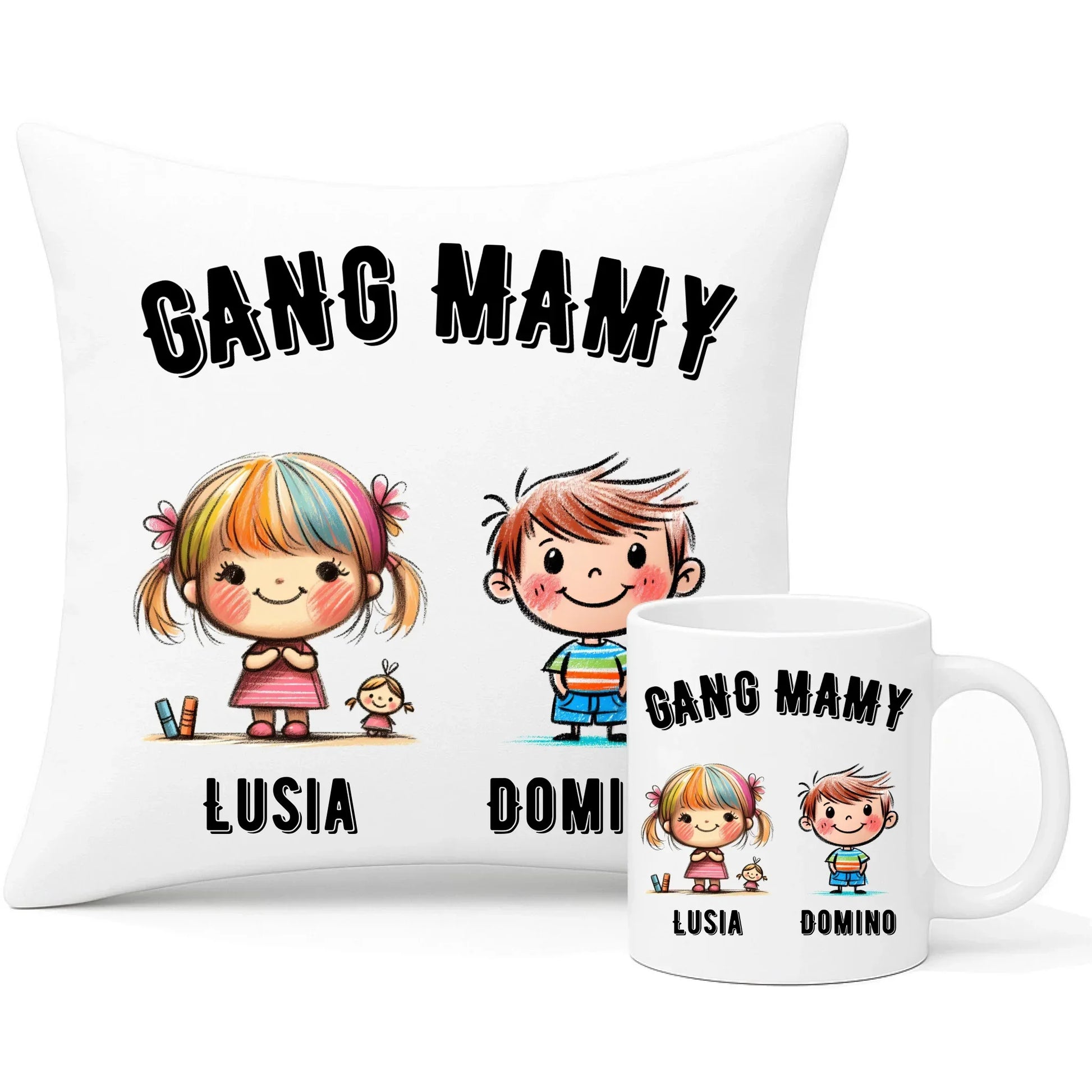 Gang Mamy imiona dzieci | Zestaw poduszka i kubek prezent na Dzień Matki DM09 - StoryCups.pl