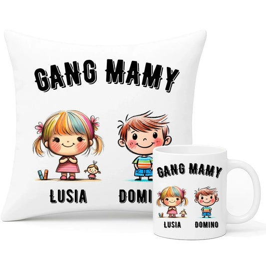 Gang Mamy imiona dzieci | Zestaw poduszka i kubek prezent na Dzień Matki DM09 - StoryCups.pl