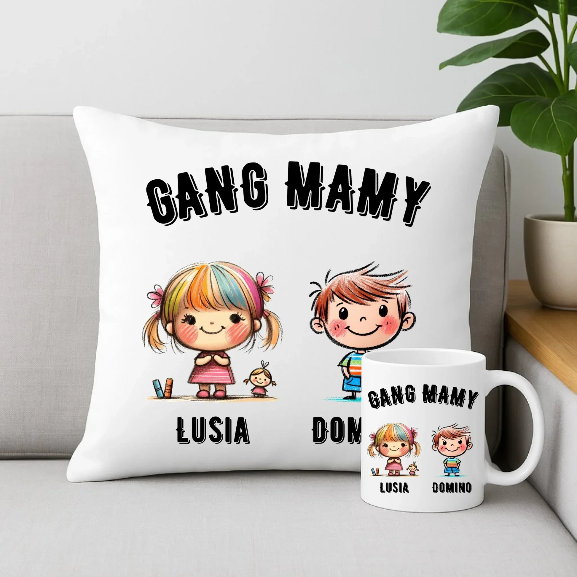 Gang Mamy imiona dzieci | Zestaw poduszka i kubek prezent na Dzień Matki DM09 - StoryCups.pl