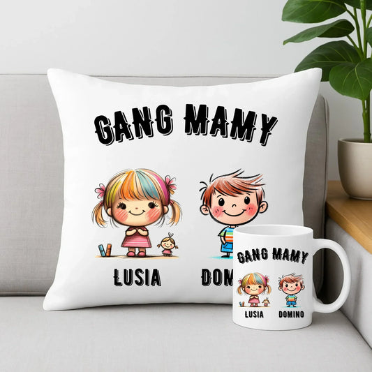 Gang Mamy imiona dzieci | Zestaw poduszka i kubek prezent na Dzień Matki DM09 - StoryCups.pl