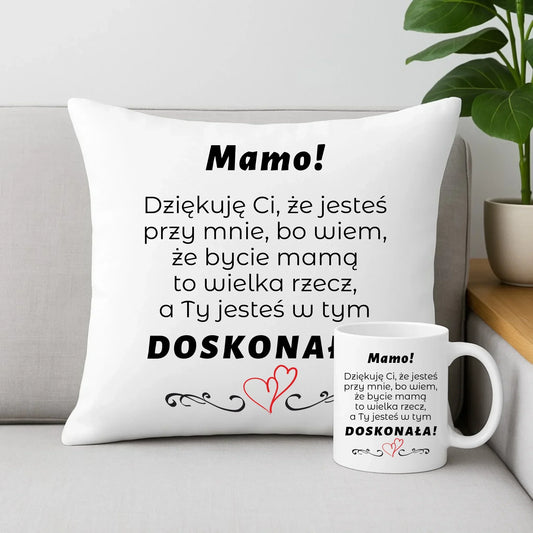 Mamo jesteś doskonała | Zestaw poduszka i kubek prezent dla mamy DM10 - StoryCups.pl