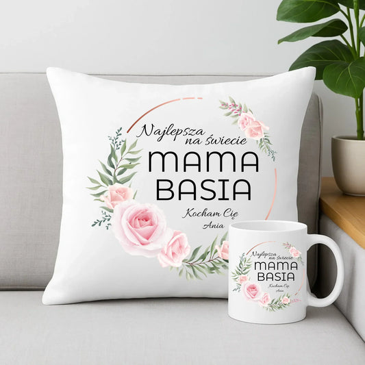 Najlepsza mama na świecie | Zestaw poduszka i kubek prezent na Dzień Matki DM17 - StoryCups.pl