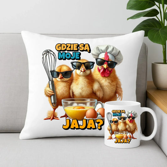 Gdzie są moje jaja? | Zestaw poduszka i kubek Wielkanocny WN27 - StoryCups.pl