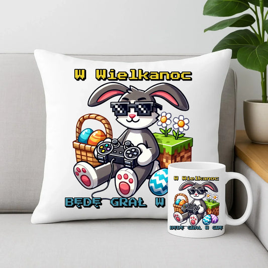 Zajączek Minecraft | Zestaw poduszka i kubek Wielkanocny WN22 - StoryCups.pl