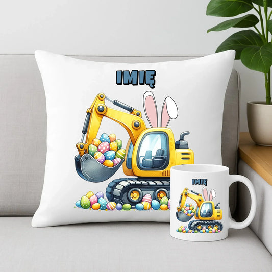 Koparka | Zestaw poduszka i kubek dla dziecka na Wielkanoc WN17 - StoryCups.pl