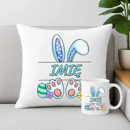 Zajączek Wielkanocny imię | Zestaw poduszka i kubek dla dziecka na Wielkanoc WN14 - StoryCups.pl