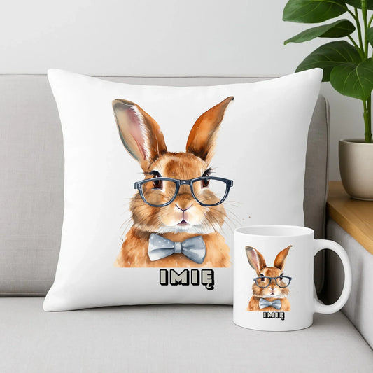 Zając w okularach | Zestaw poduszka i kubek na Wielkanoc WN12 - StoryCups.pl