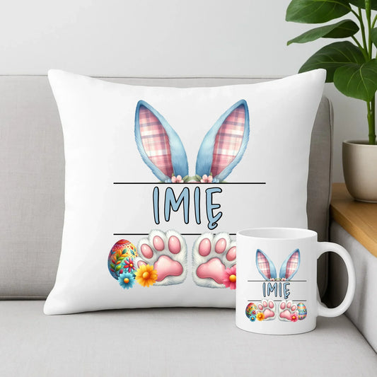 Zajączek z imieniem | Zestaw poduszka i kubek na Wielkanoc WN11 - StoryCups.pl