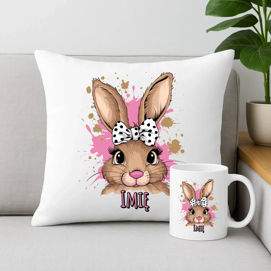 Słodki zajączek imię | Zestaw poduszka i kubek na Wielkanoc WN08 - StoryCups.pl