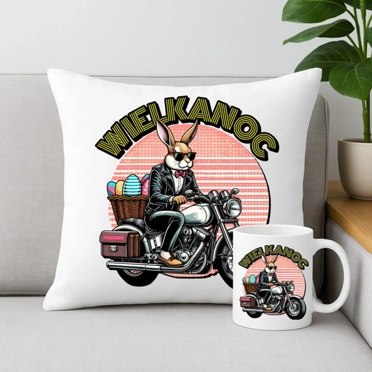 Zając na motorze | Zestaw poduszka i kubek Wielkanocny WN29 - StoryCups.pl