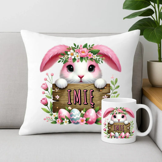 Różowy zając | Zestaw poduszka i kubek na Wielkanoc WN07 - StoryCups.pl