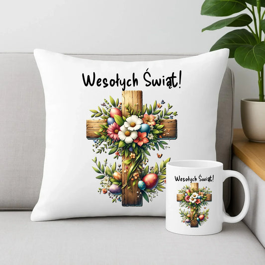 Krzyż | Zestaw poduszka i kubek na Wielkanoc WN02 - StoryCups.pl