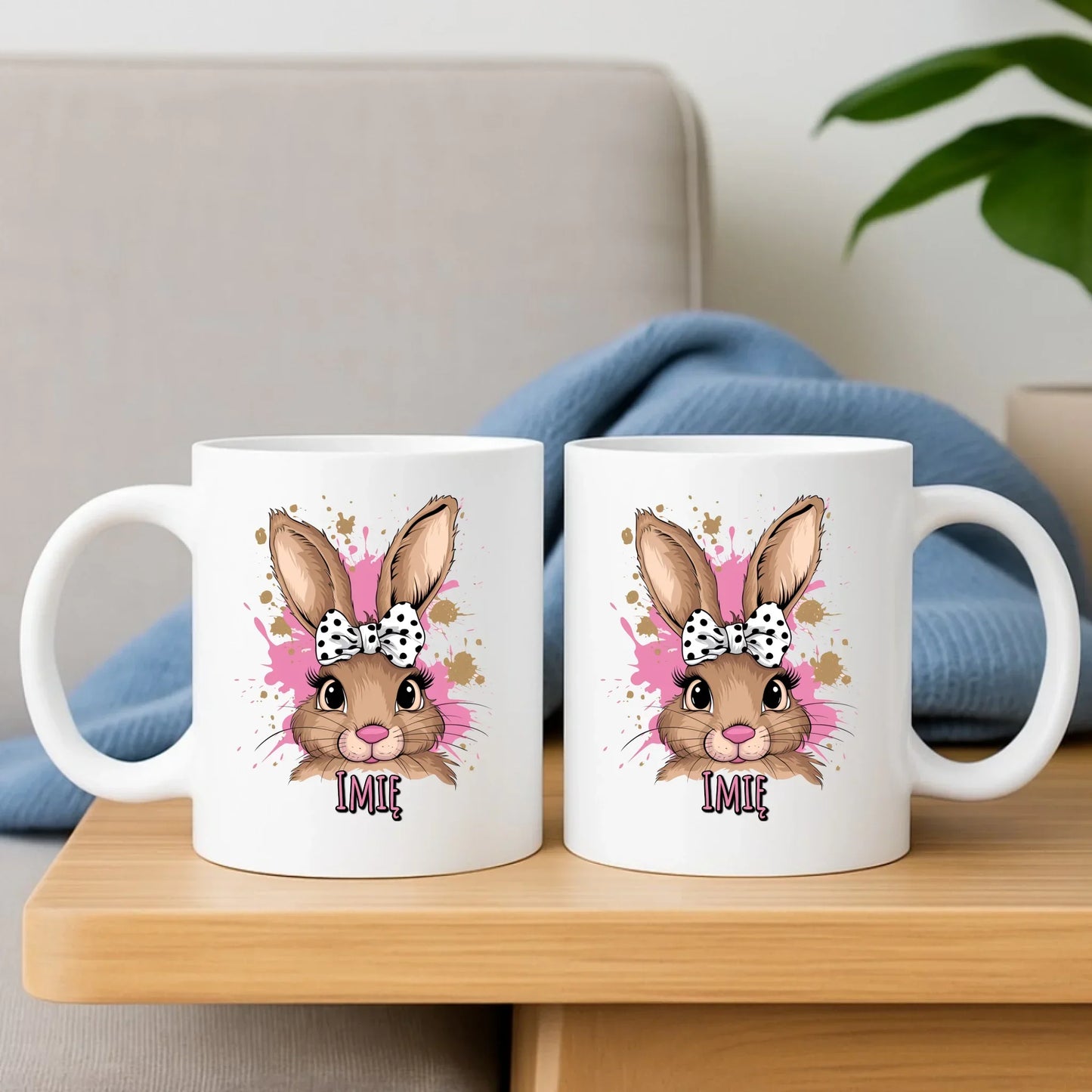 Słodki zajączek imię | Zestaw poduszka i kubek na Wielkanoc WN08 - StoryCups.pl