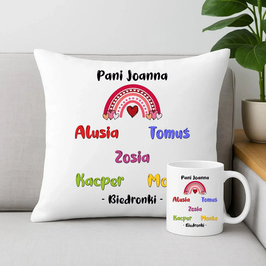 Trzeba mieć wielkie serce imiona dzieci 1-25 | Zestaw poduszka i kubek dla nauczycielki N14 - StoryCups.pl