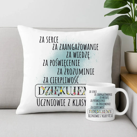 Podziękowanie dla nauczyciela od klasy na prezent | Zestaw poduszka i kubek dla nauczyciela N06 - StoryCups.pl